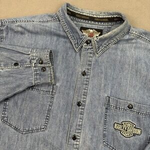 Harley Davidson Denim Long Sleeve Mens 3XL V-Twin Power Blue Button Down